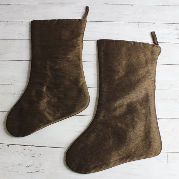 Christmas Brown Satin Stockings Beaded Jewels 17" Lot of 2 - Picture 5 of 5